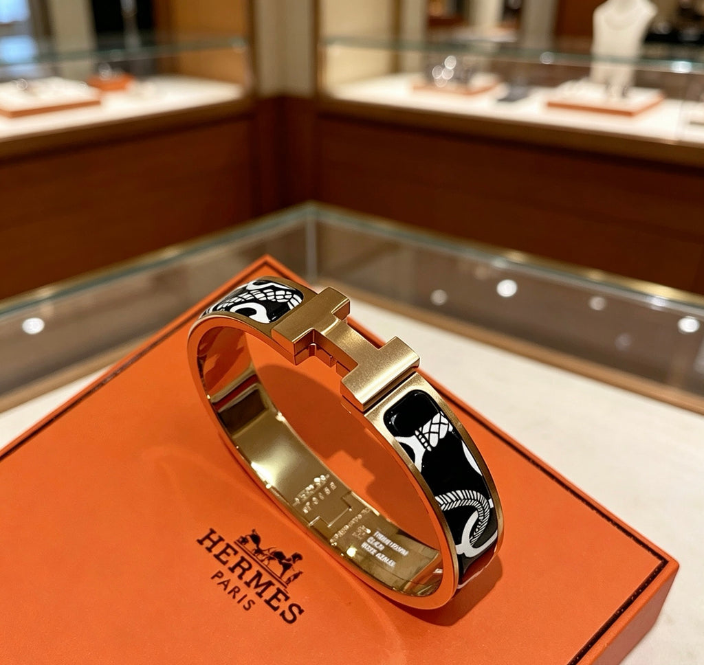 Hermès Gold-Tone Black Printed H-Clasp Bangle - album image 8