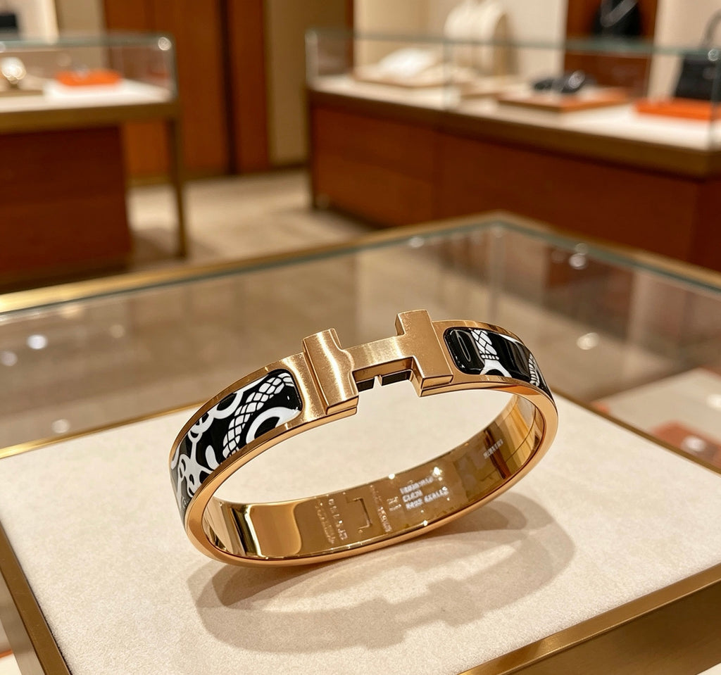 Hermès Gold-Tone Black Printed H-Clasp Bangle - album image 2