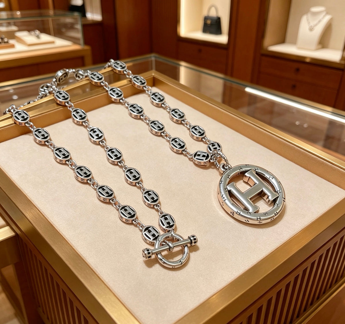 Hermès Silver-Tone Round H Disc Necklace - album image 1