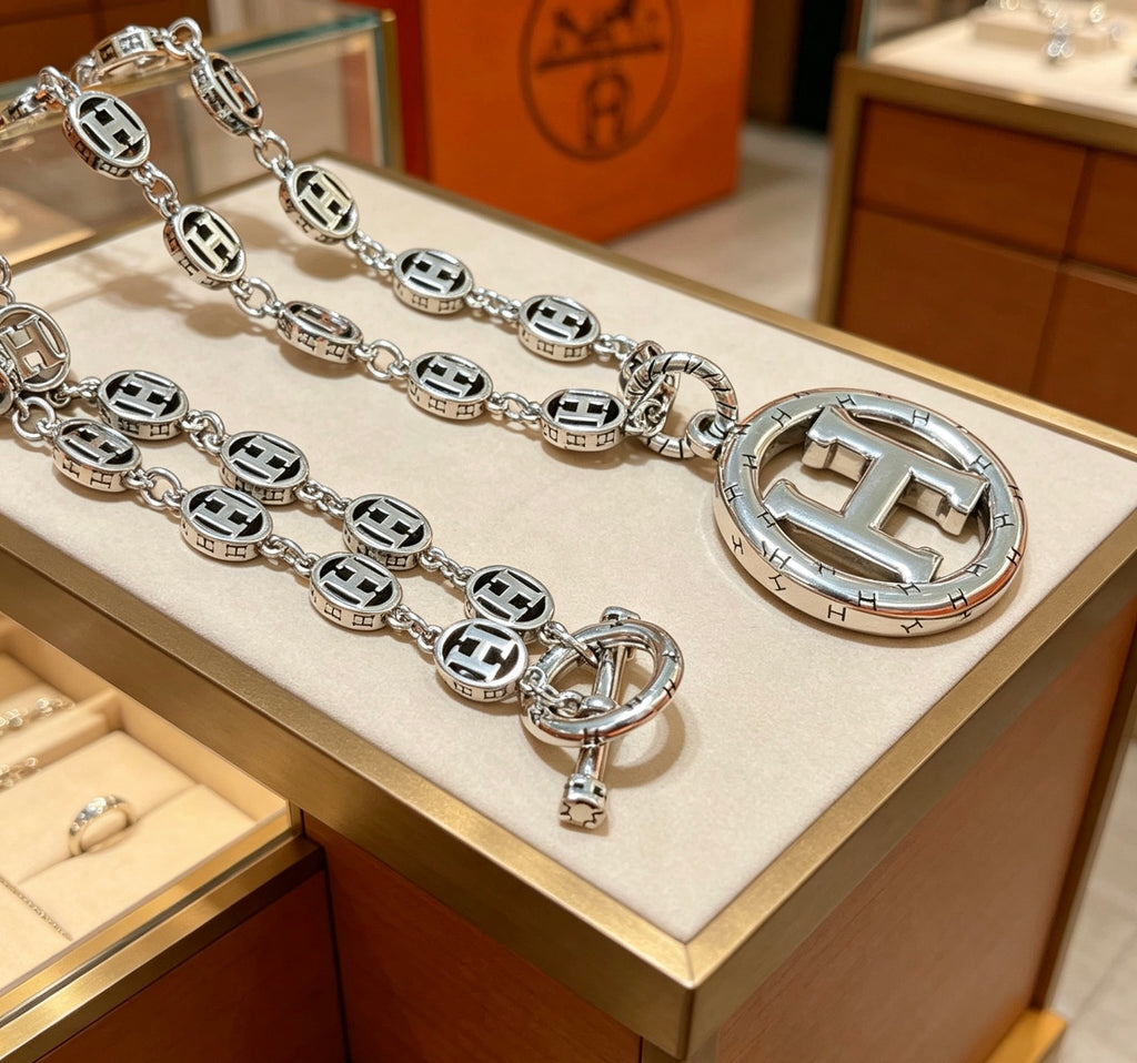 Hermès Silver-Tone Round H Disc Necklace - album image 2