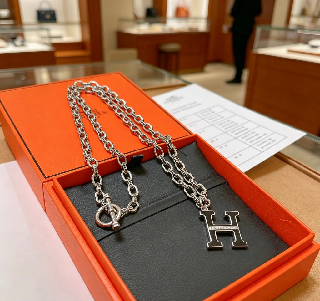 Hermès Silver-Tone H Pendant Oval-Chain Necklace - album image 9