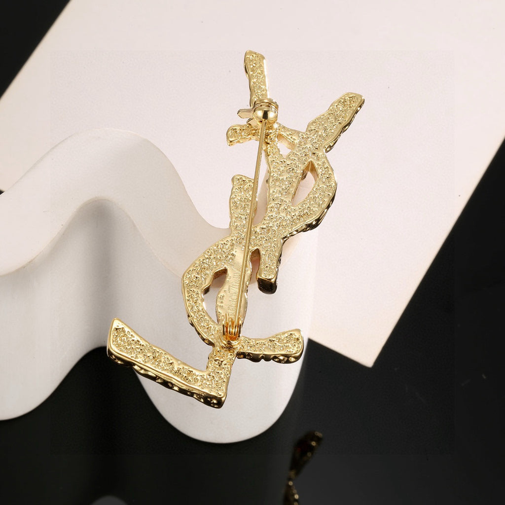 Saint Laurent Gold-Tone Red and Amber Accent Monogram Brooch - album image 7