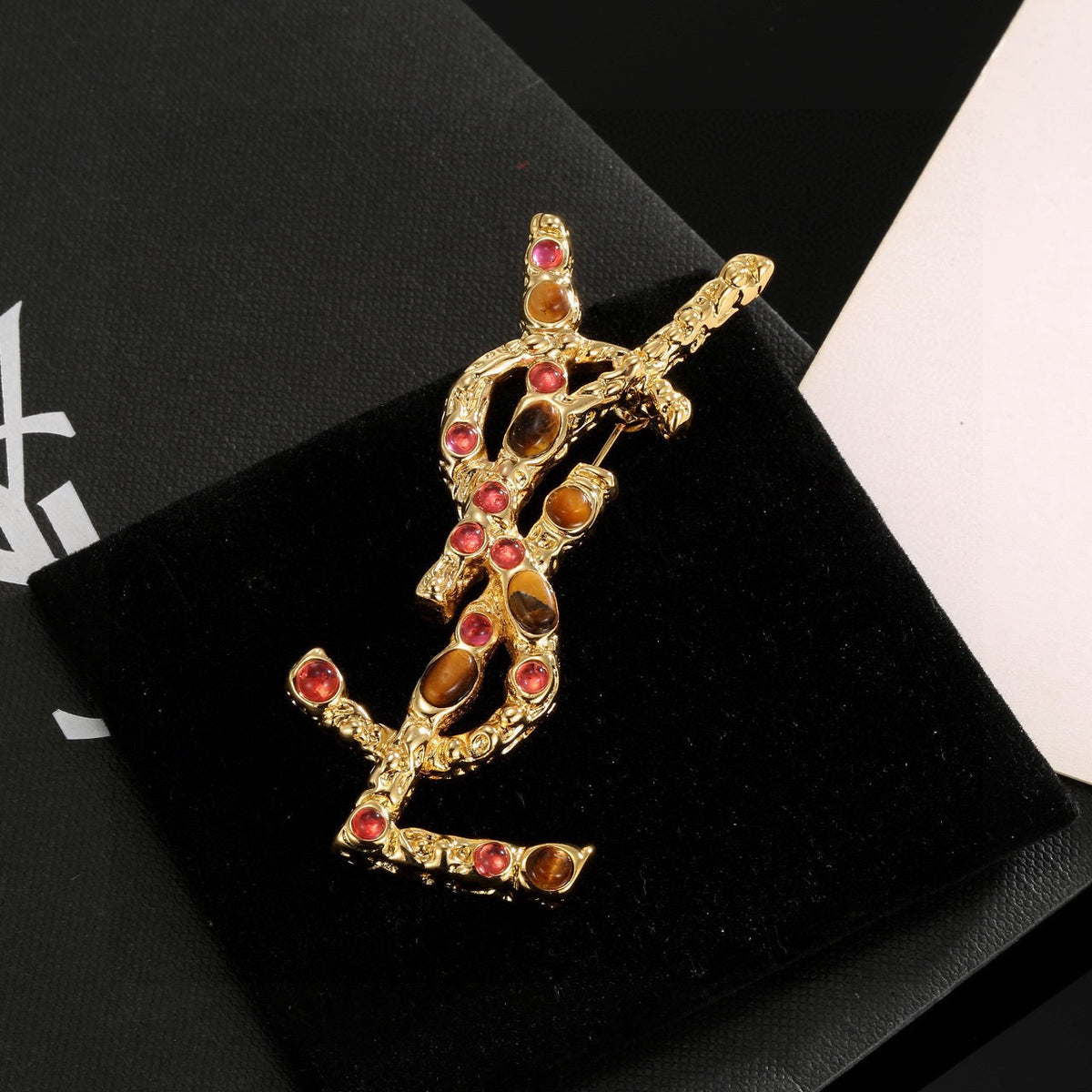 Saint Laurent Gold-Tone Red and Amber Accent Monogram Brooch - album image 3