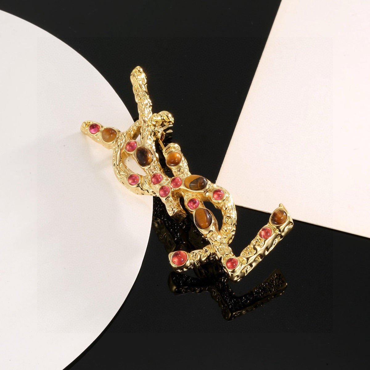 Saint Laurent Gold-Tone Red and Amber Accent Monogram Brooch - album image 5