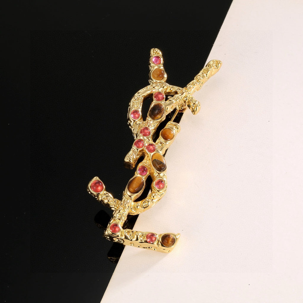 Saint Laurent Gold-Tone Red and Amber Accent Monogram Brooch - album image 4