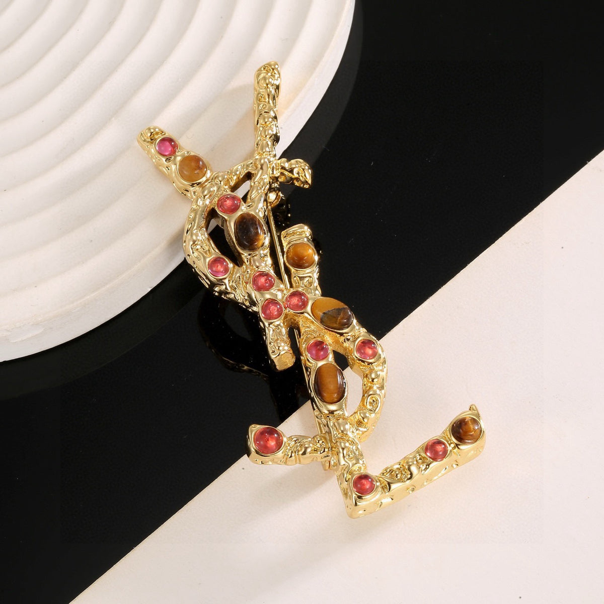 Saint Laurent Gold-Tone Red and Amber Accent Monogram Brooch - album image 1