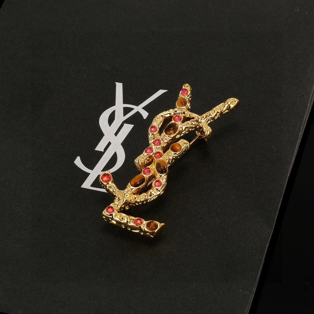 Saint Laurent Gold-Tone Red and Amber Accent Monogram Brooch - album image 6