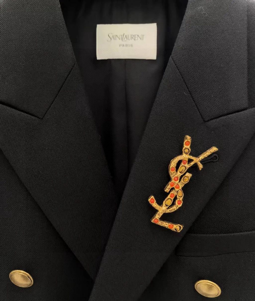 Saint Laurent Gold-Tone Red and Amber Accent Monogram Brooch - album image 2
