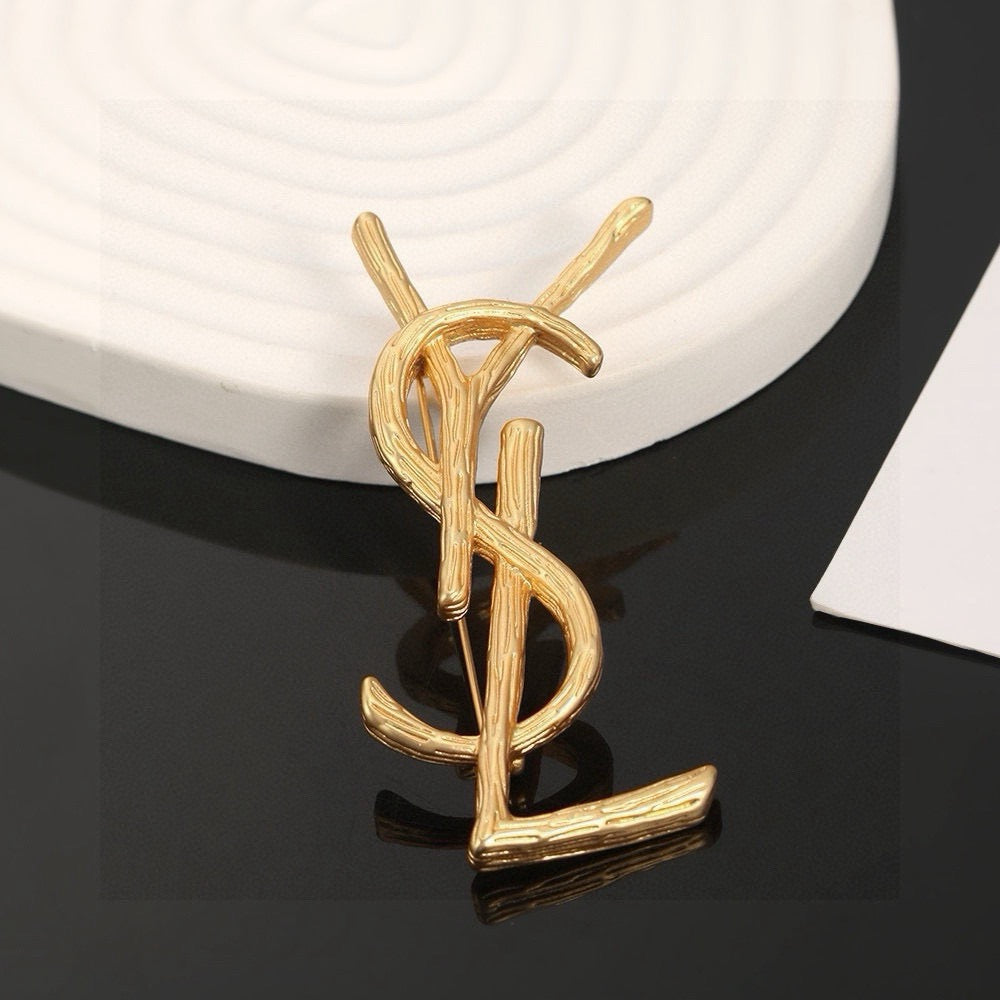 Saint Laurent Gold-Tone Branch-Textured Monogram Brooch - album image 2