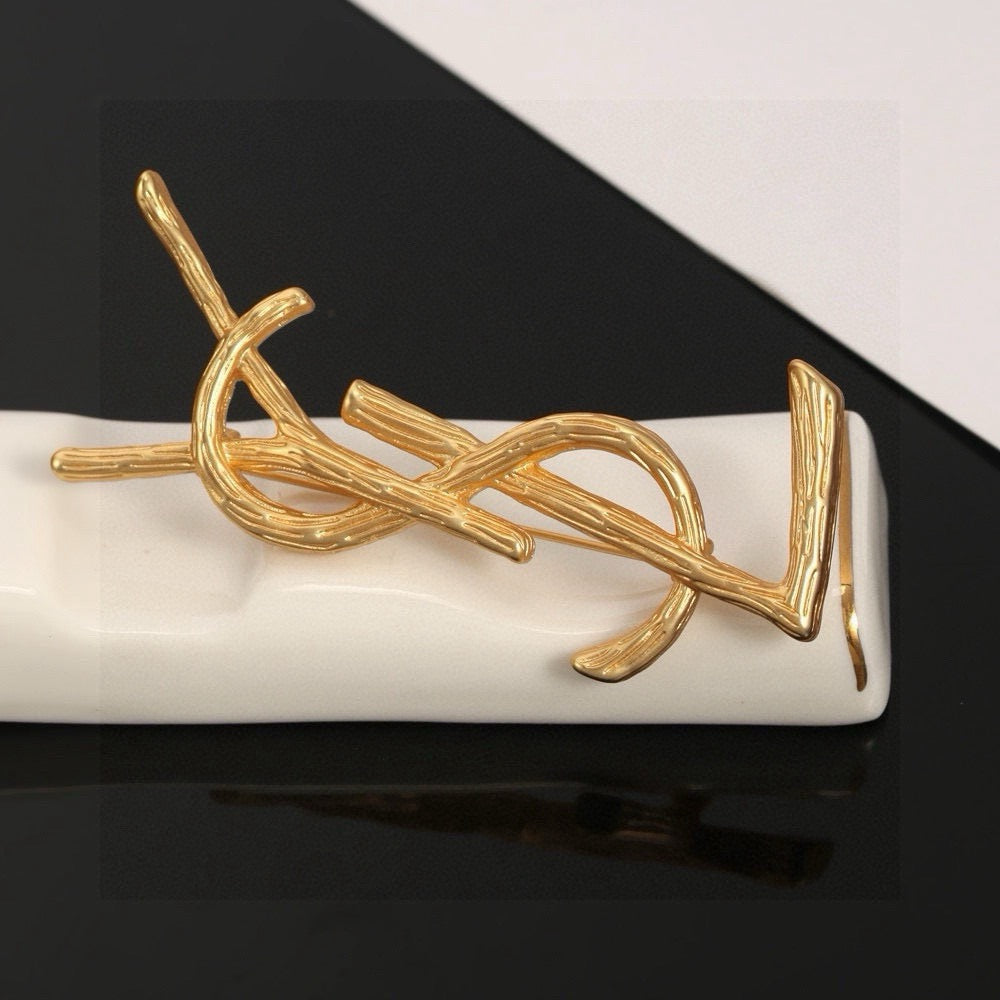 Saint Laurent Gold-Tone Branch-Textured Monogram Brooch - album image 7
