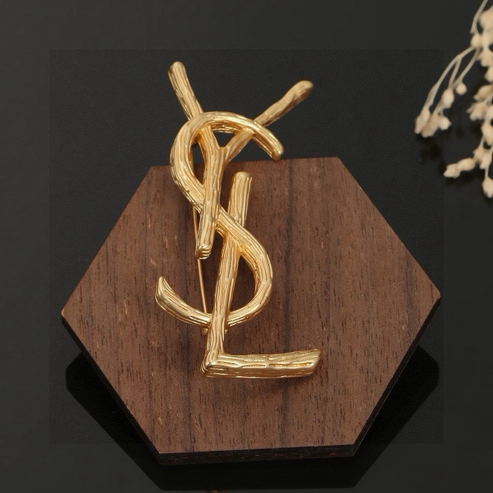 Saint Laurent Gold-Tone Branch-Textured Monogram Brooch - album image 8