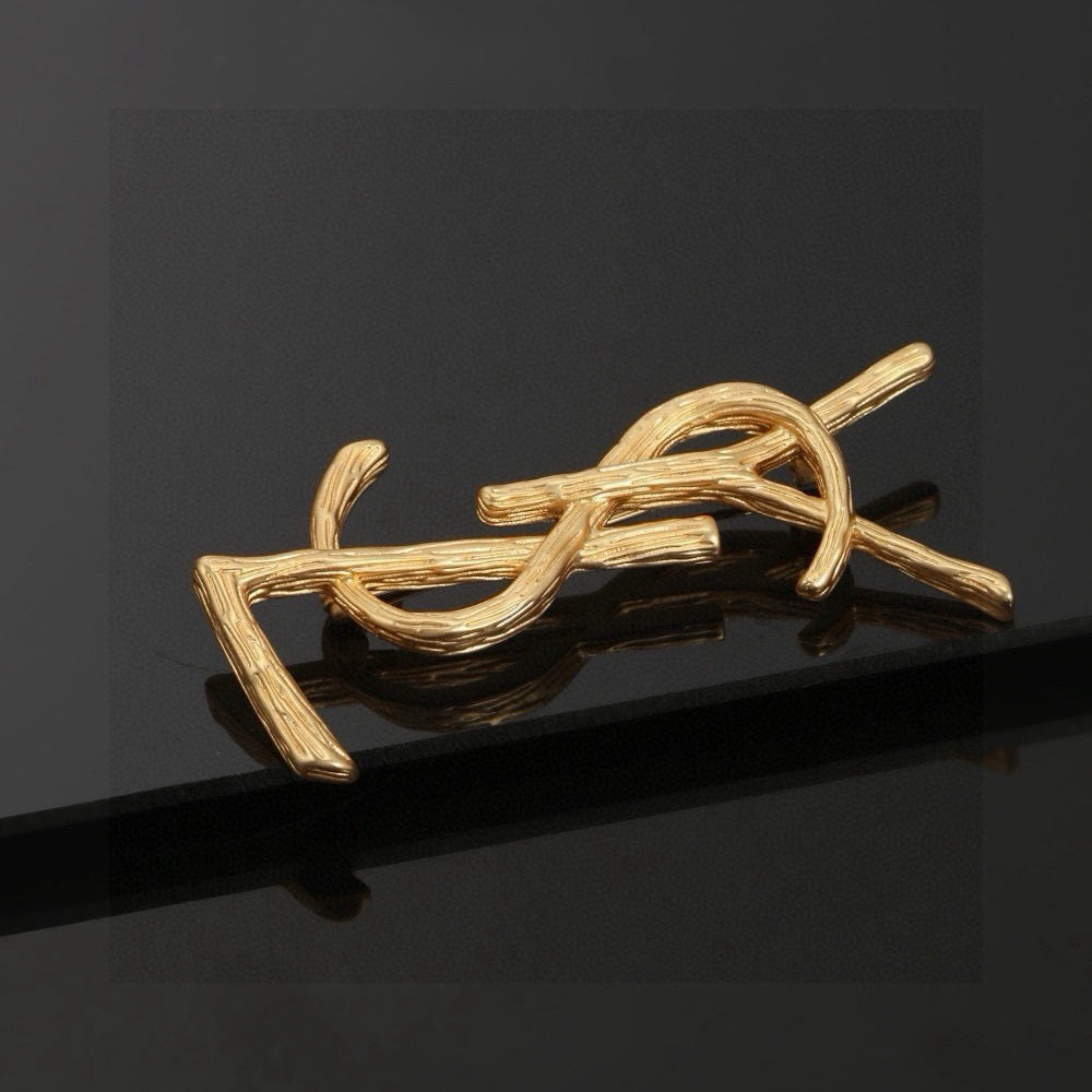 Saint Laurent Gold-Tone Branch-Textured Monogram Brooch - album image 5