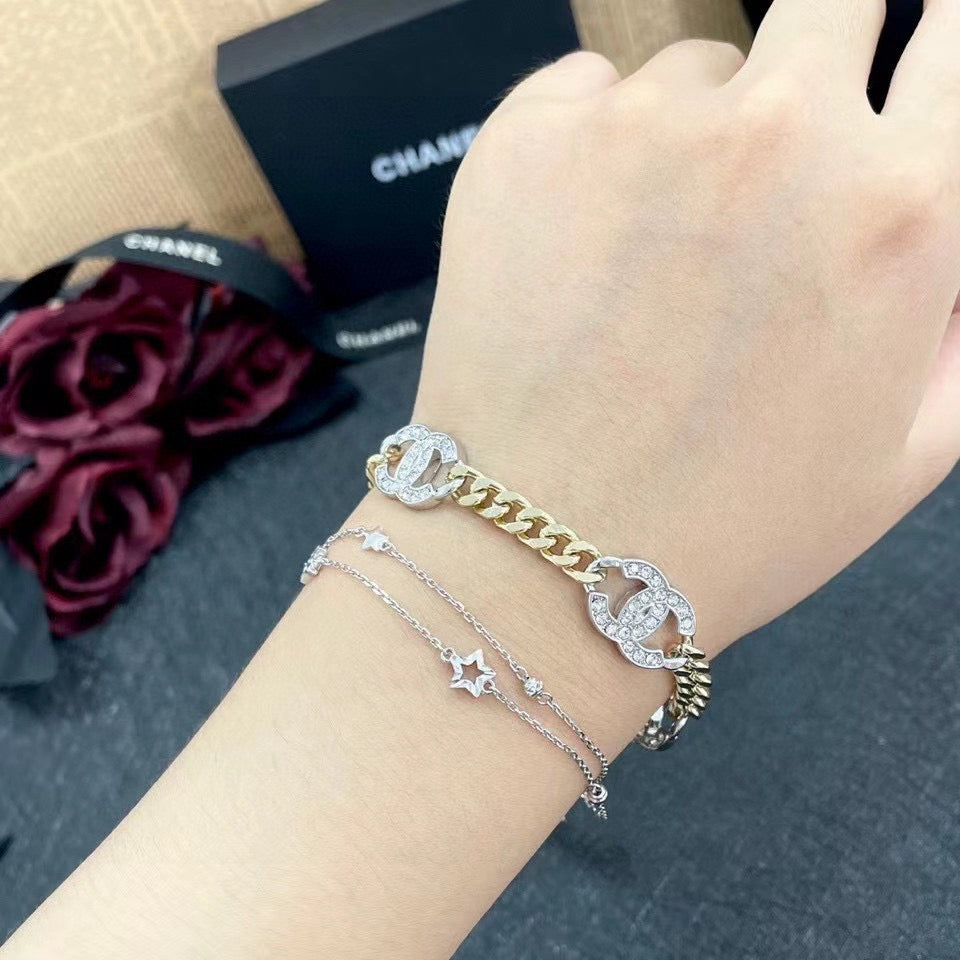 Chanel Silver-Tone Gold-Tone Letter Crystal Accent Chain Bracelet - album image 5