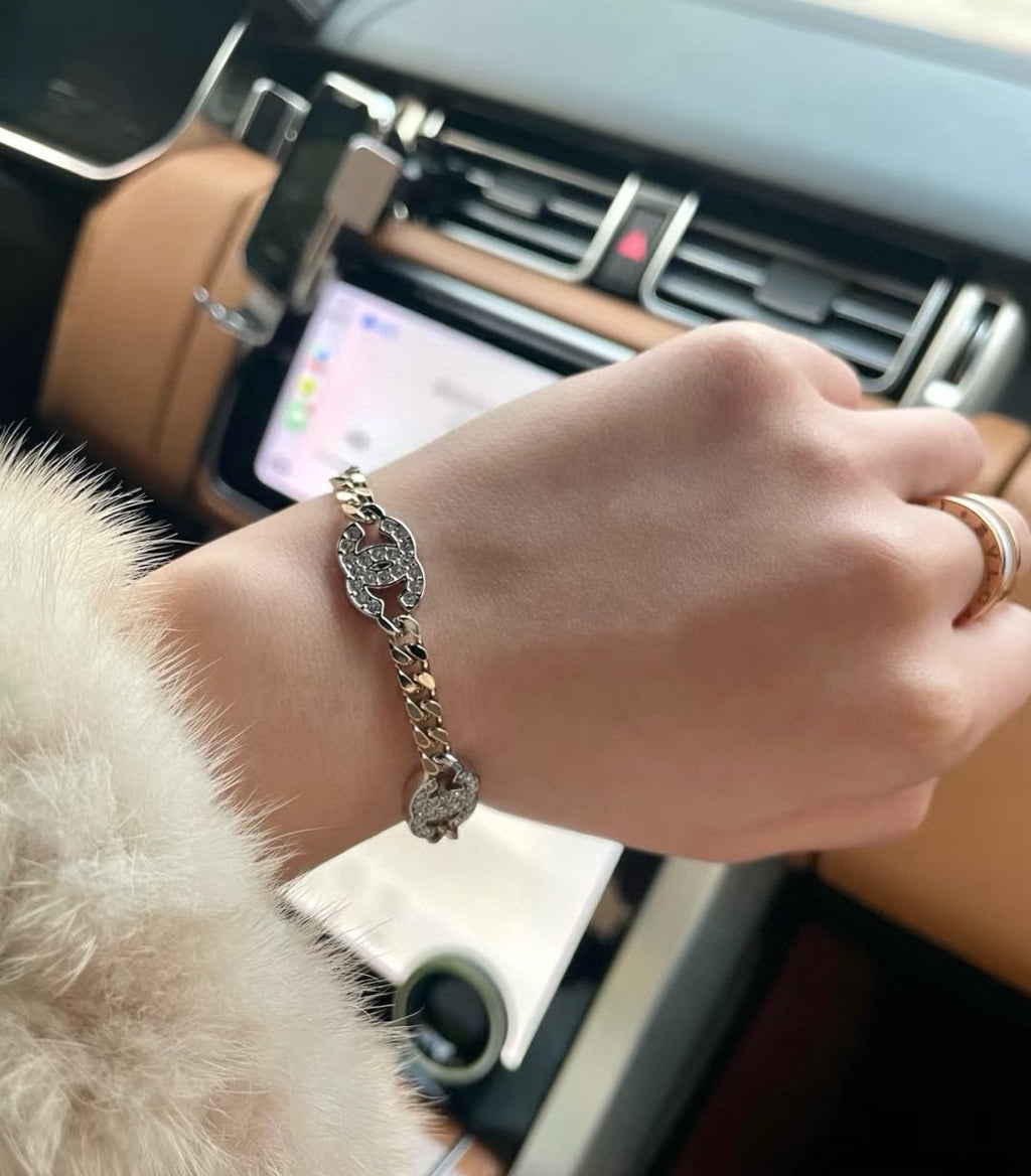 Chanel Silver-Tone Gold-Tone Letter Crystal Accent Chain Bracelet - album image 3