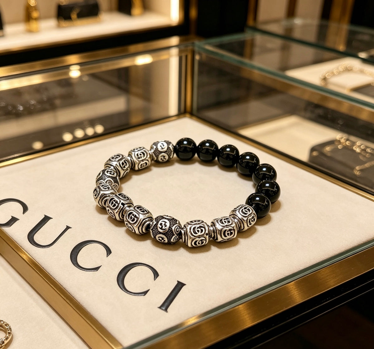 Gucci Anger Forest Interlocking G Black Agate Agate Beaded Antiqued Bracelet - album image 1