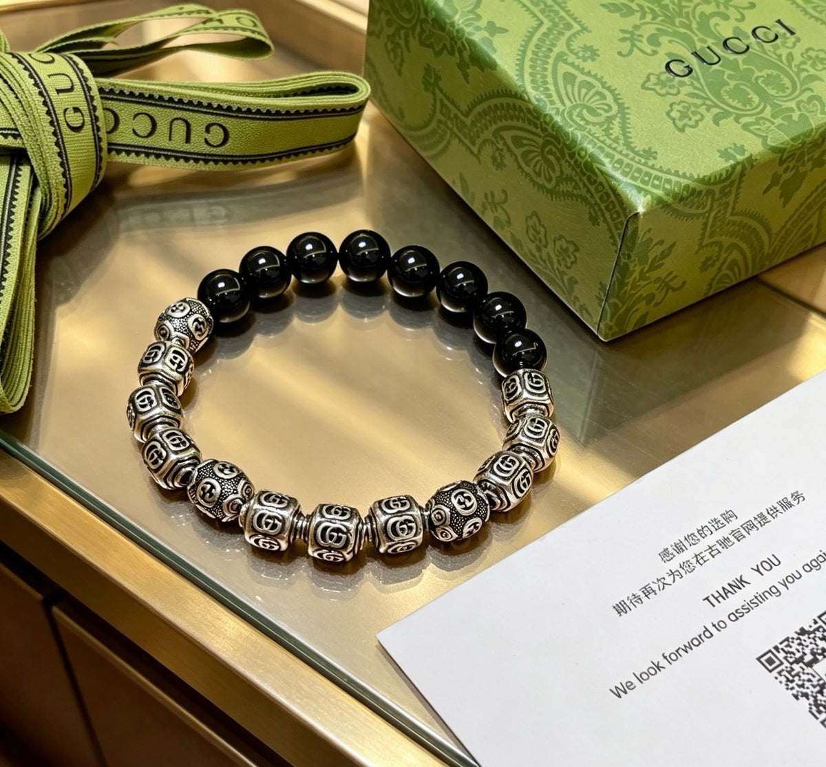 Gucci Anger Forest Interlocking G Black Agate Agate Beaded Antiqued Bracelet - album image 2