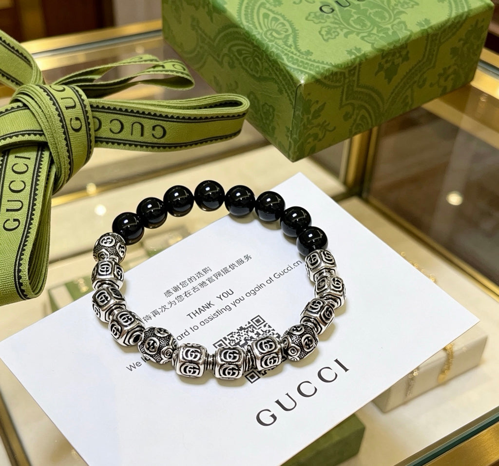 Gucci Anger Forest Interlocking G Black Agate Agate Beaded Antiqued Bracelet - album image 9