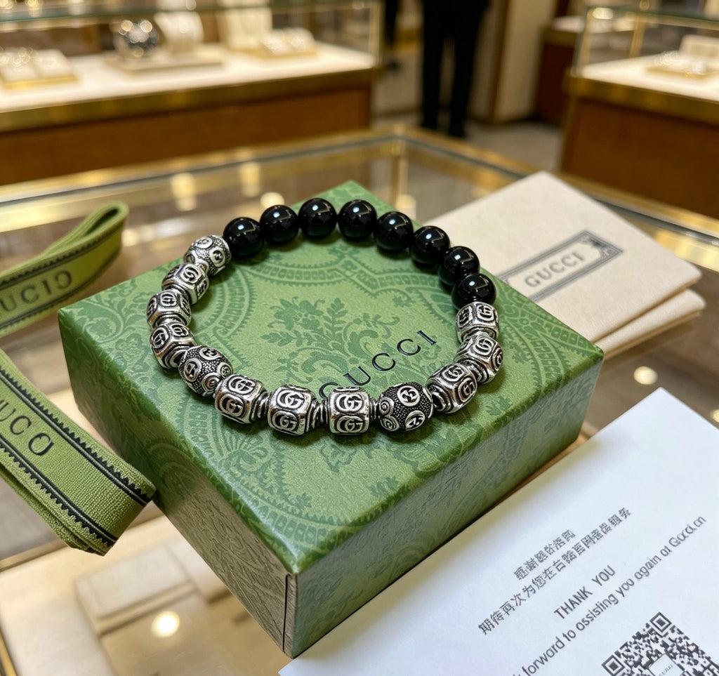 Gucci Anger Forest Interlocking G Black Agate Agate Beaded Antiqued Bracelet - album image 8