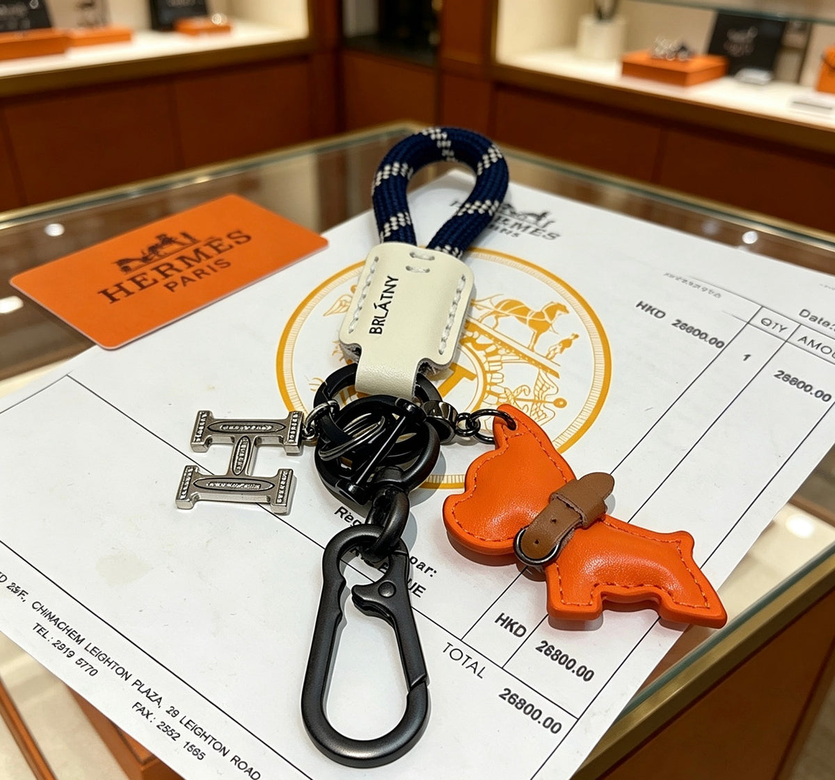 Hermès Orange Horse and H-Charm Keychain with Navy Strap - album image 6