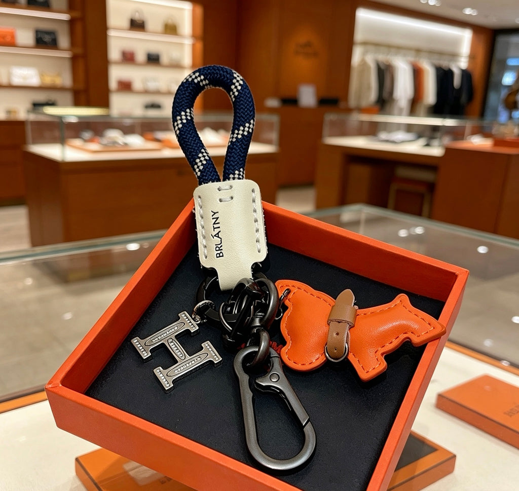 Hermès Orange Horse and H-Charm Keychain with Navy Strap - album image 5