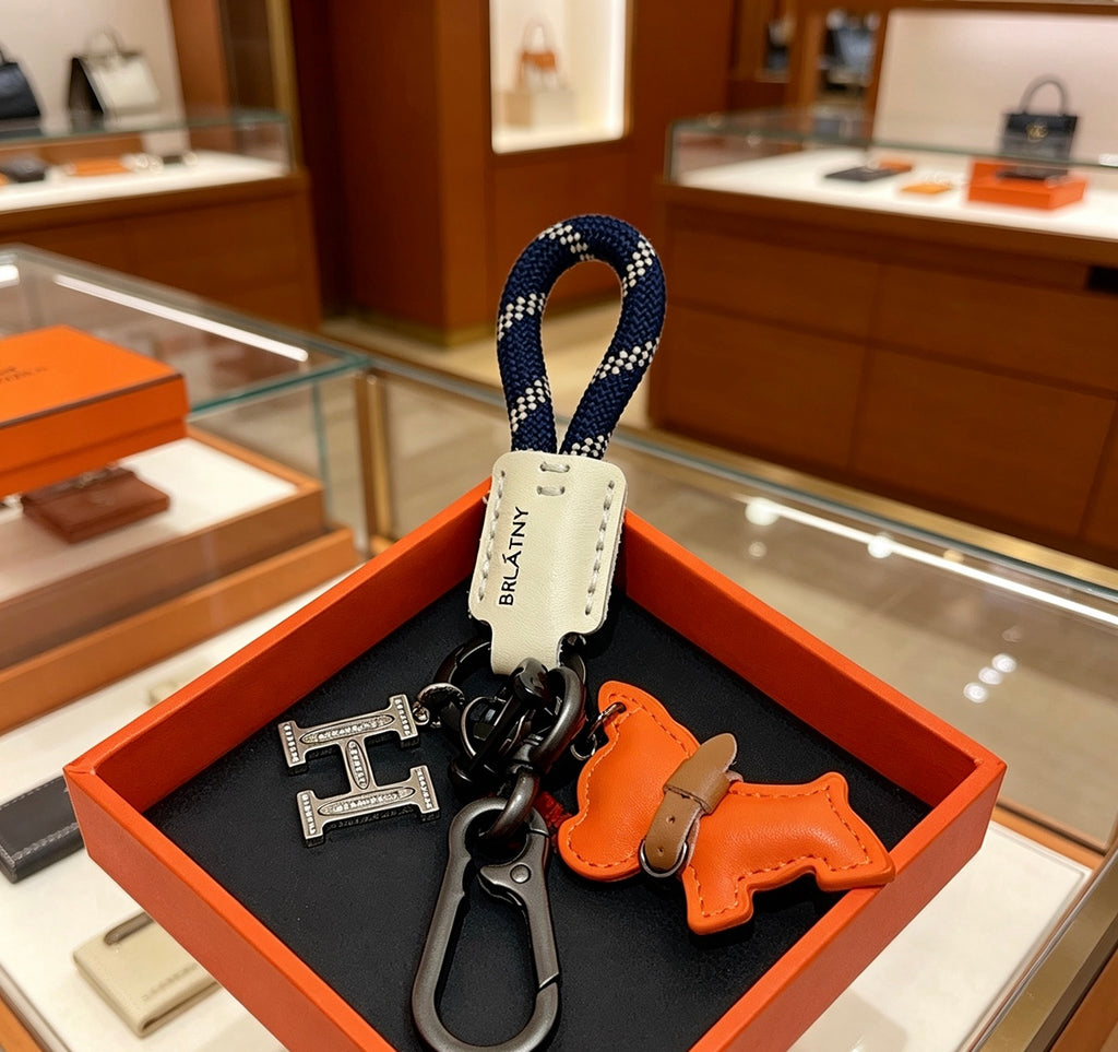 Hermès Orange Horse and H-Charm Keychain with Navy Strap - album image 2