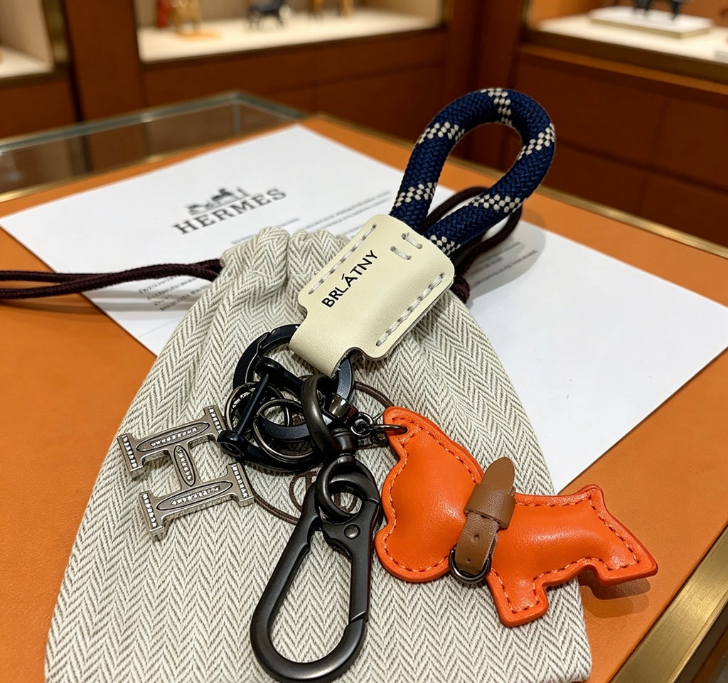 Hermès Orange Horse and H-Charm Keychain with Navy Strap - album image 3