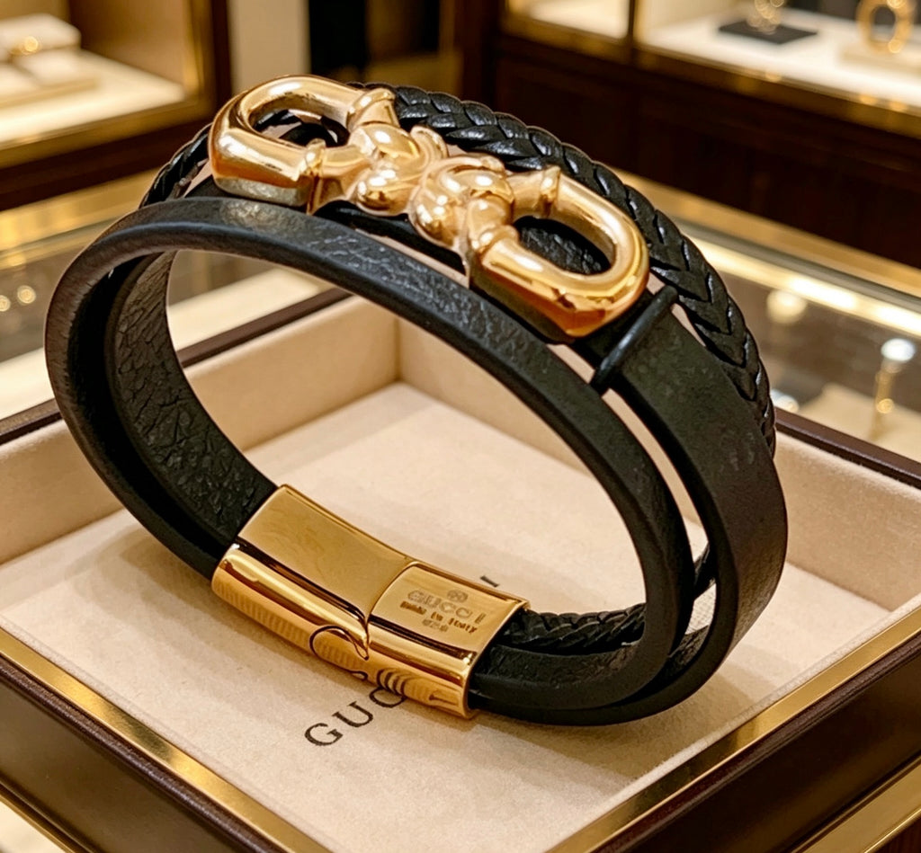 Gucci Anger Forest Interlocking G Antique Silver-Tone Silver-Tone Antiqued Leather Bracelet - album image 1