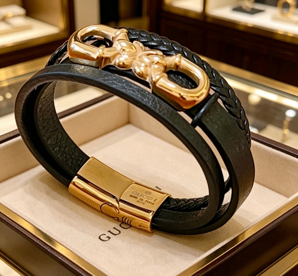 Gucci Anger Forest Interlocking G Antique Silver-Tone Silver-Tone Antiqued Leather Bracelet - album image 1