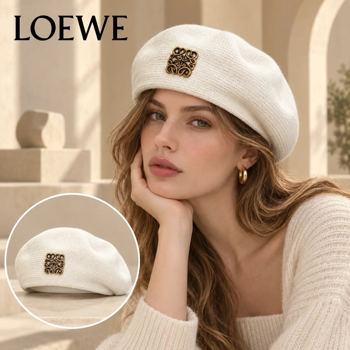 Loewe Loewe Beret worn by a Western model with product detail inset