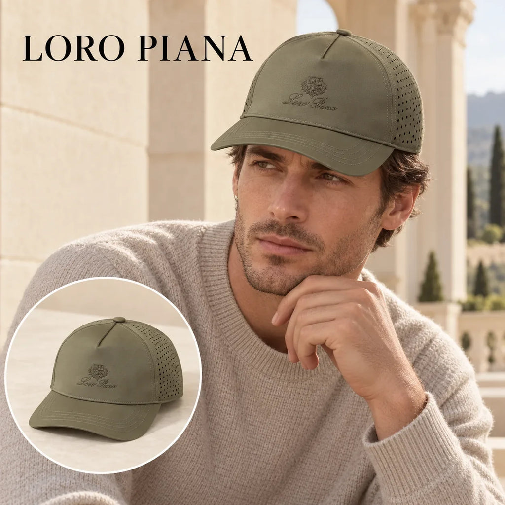 Loro Piana Loro Piana Baseball Cap worn by a Western model with product detail inset