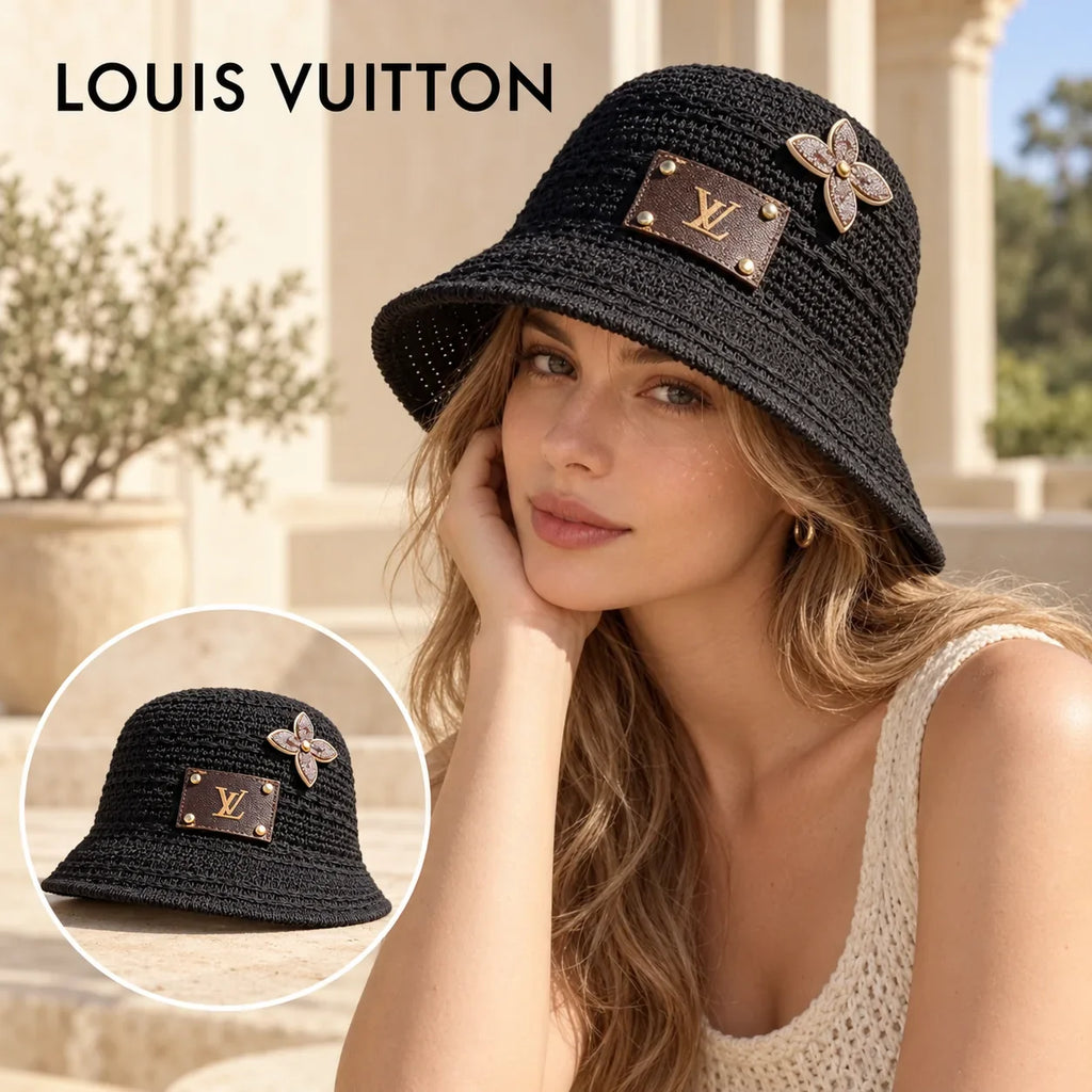 Louis Vuitton Louis Vuitton Woven Open Knit Bucket Hat worn by a Western model with product detail inset