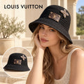 Louis Vuitton Louis Vuitton Woven Open Knit Bucket Hat worn by a Western model with product detail inset