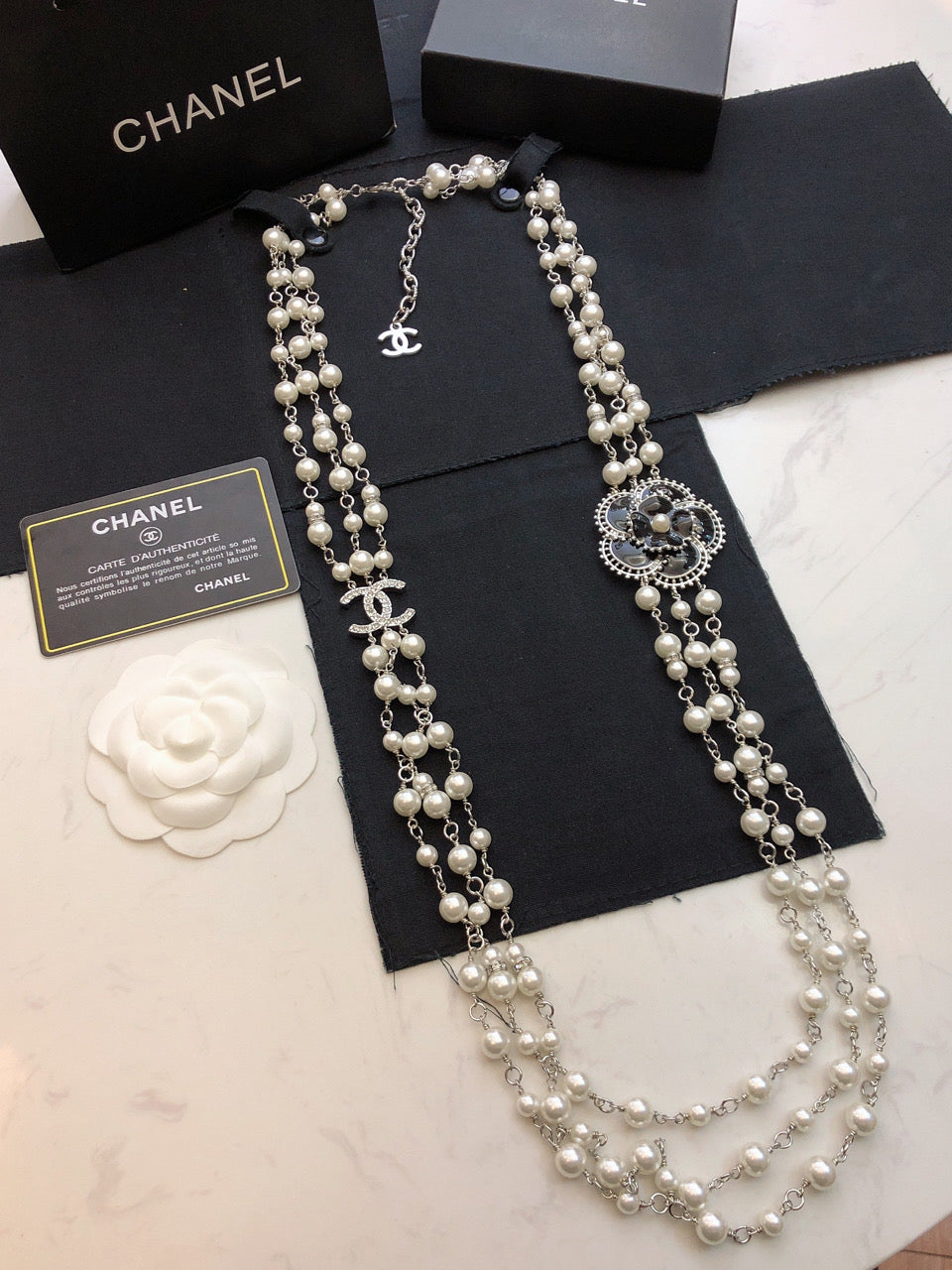 Chanel Camellia Woven Pearl Triple-Layer Braided Necklace - album image 1