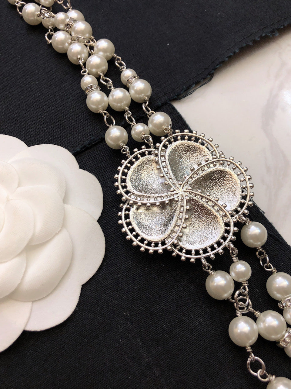 Chanel Camellia Woven Pearl Triple-Layer Braided Necklace - album image 4