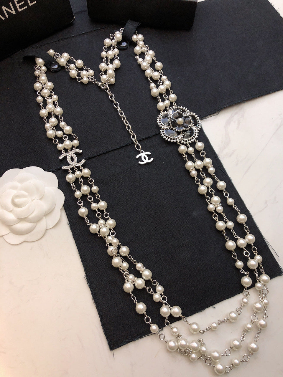 Chanel Camellia Woven Pearl Triple-Layer Braided Necklace - album image 8