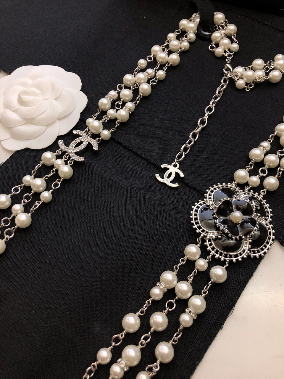 Chanel Camellia Woven Pearl Triple-Layer Braided Necklace - album image 7