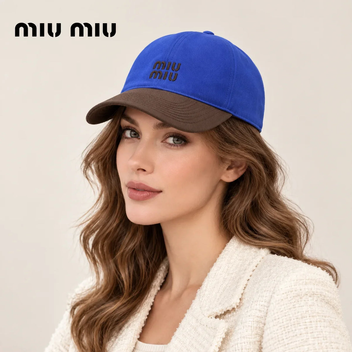 Woman wearing miu miu baseball cap on head