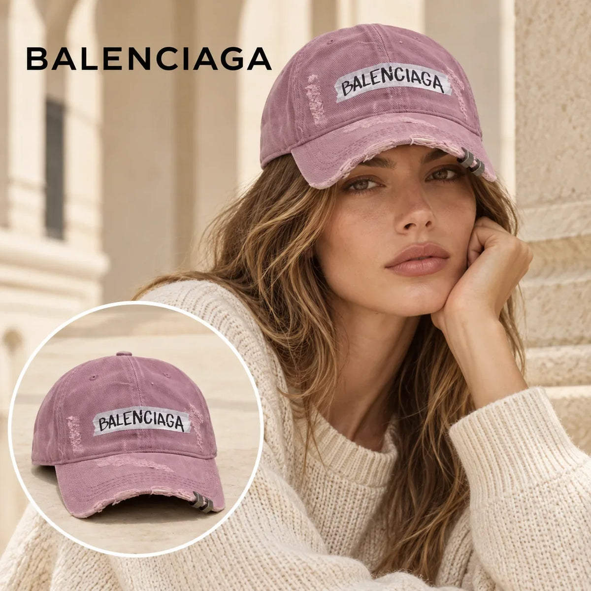 Miu Miu Miu Miu Baseball Cap worn by a Western model with product detail inset