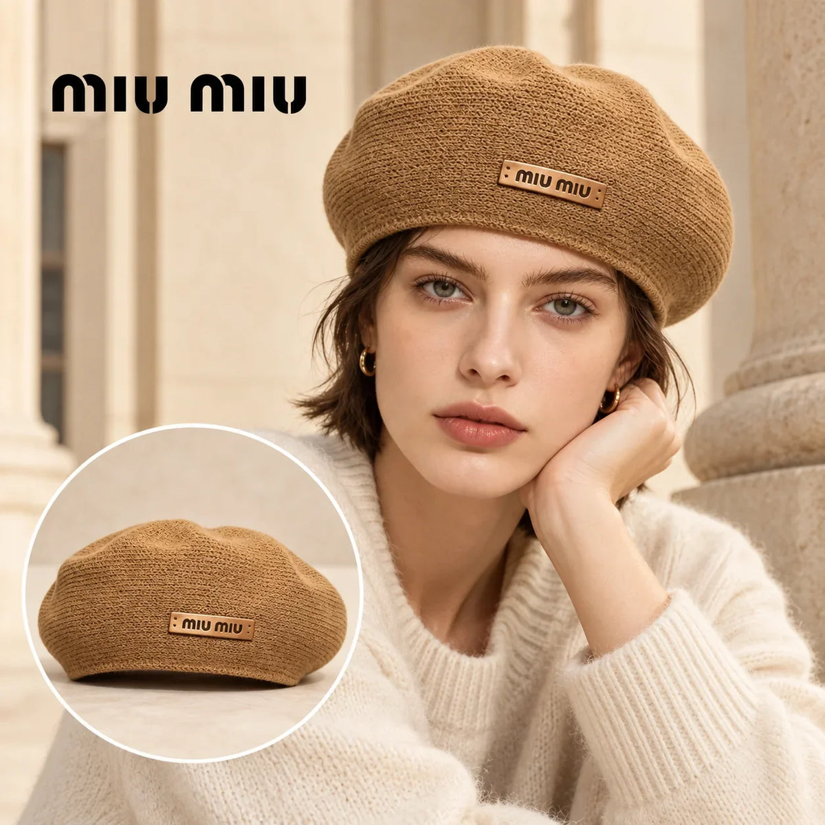 Miu Miu Miu Miu Beret worn by a Western model with product detail inset