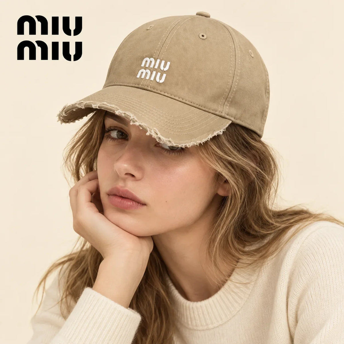 Model wearing miu miu hat on head