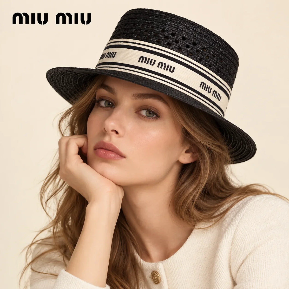 Model wearing miu miu hat on head