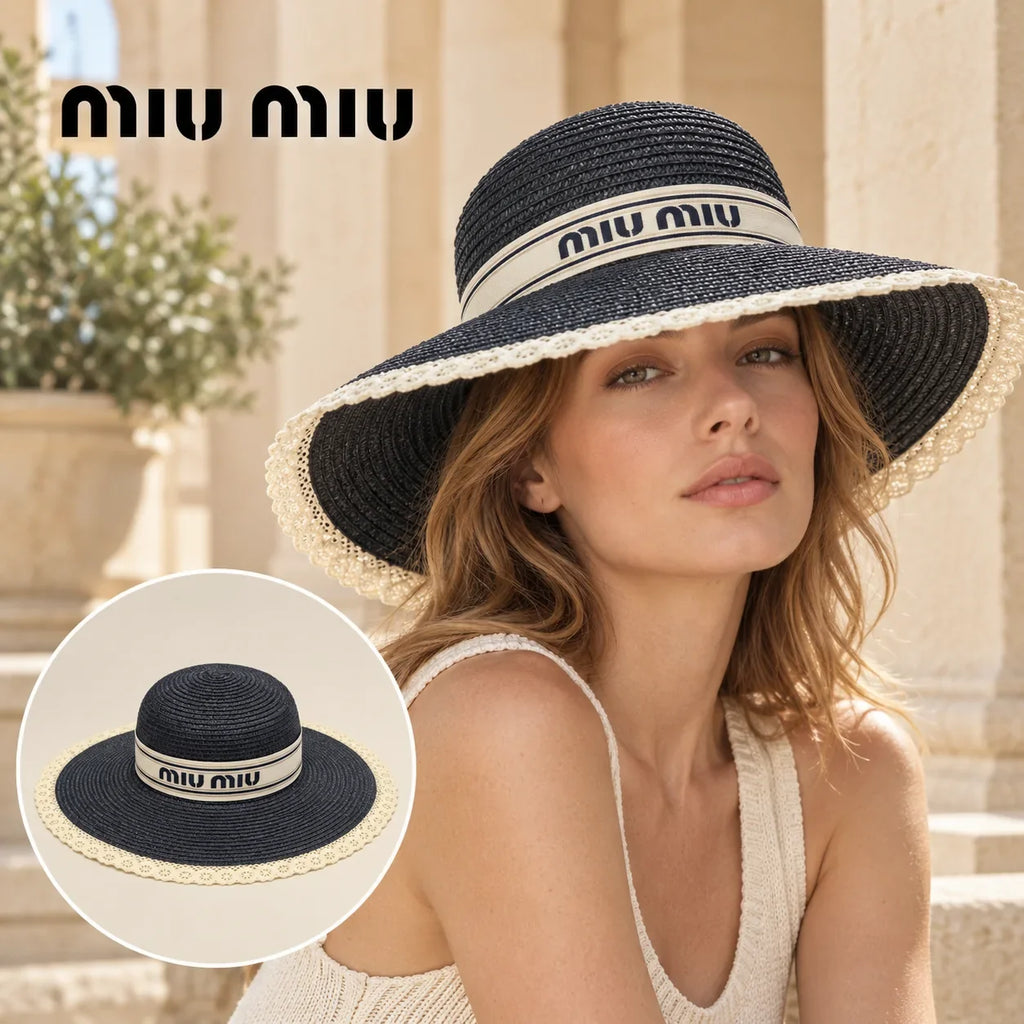 Miu Miu Miu Miu Straw Hat worn by a Western model with product detail inset