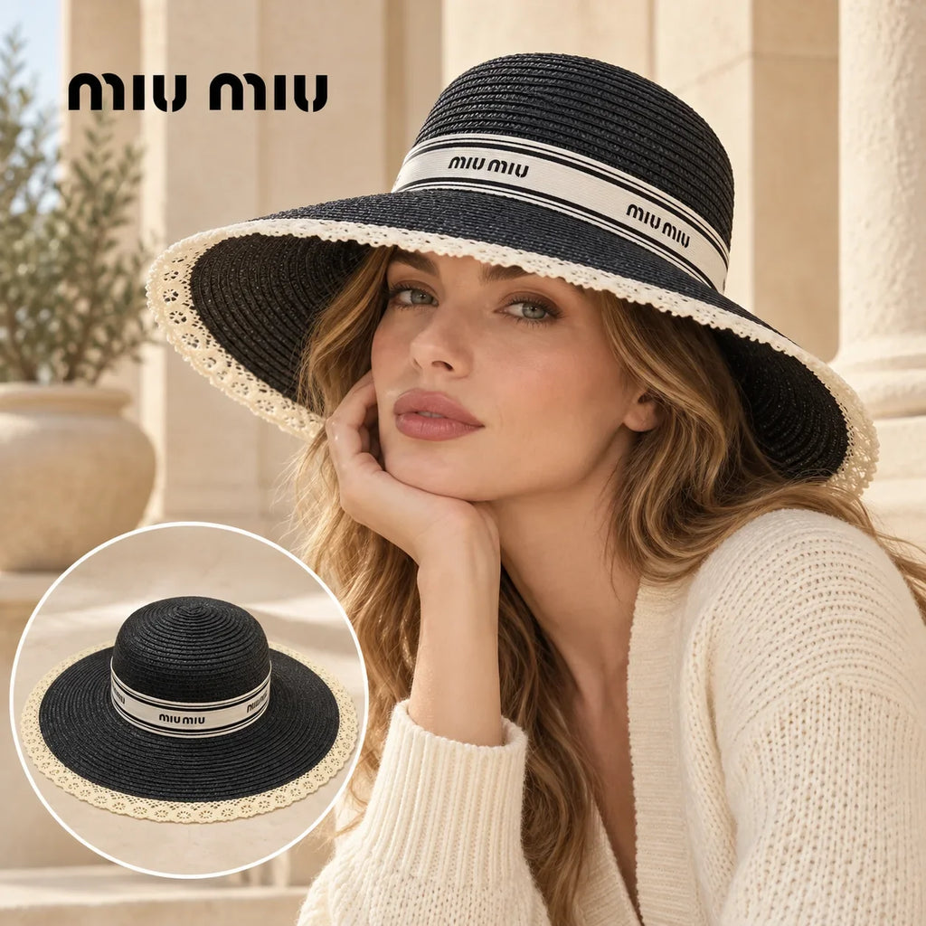 Miu Miu Miu Miu Straw Hat worn by a Western model with product detail inset
