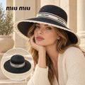 Miu Miu Miu Miu Straw Hat worn by a Western model with product detail inset