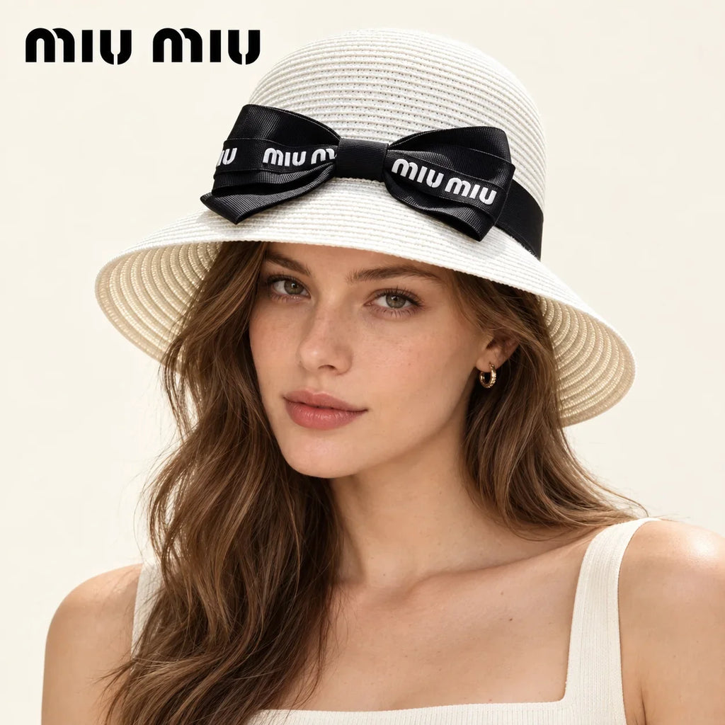 Model wearing miu miu woven bucket hat on head