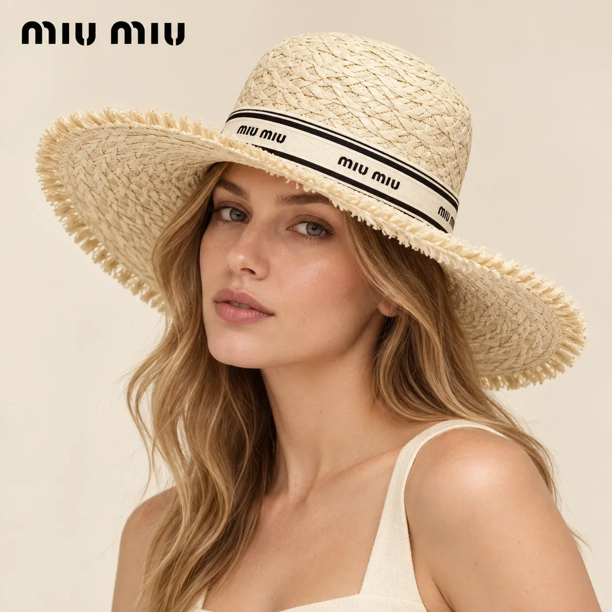 Model wearing miu miu woven open knit bucket hat on head