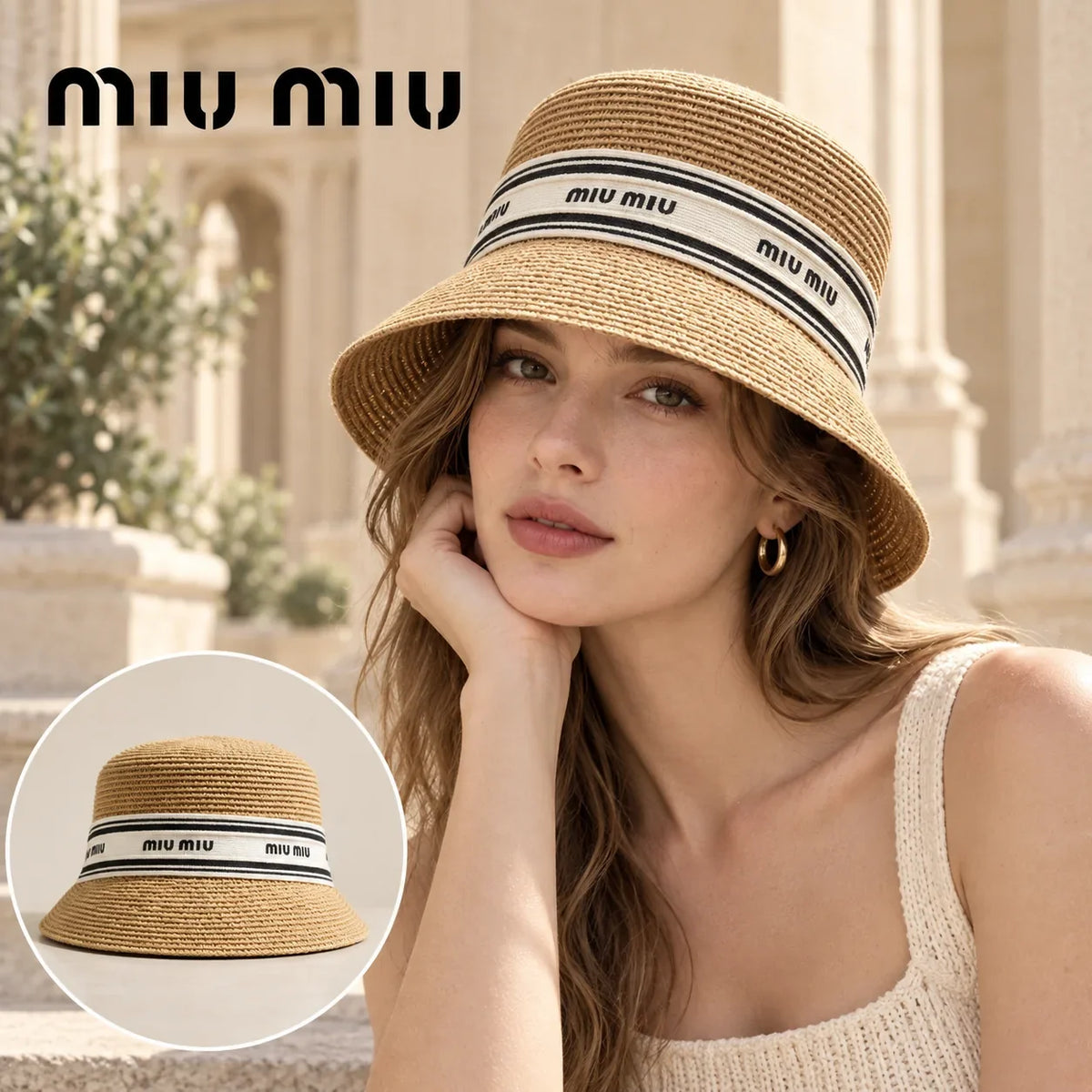 Miu Miu Miu Miu Woven Open Knit Bucket Hat worn by a Western model with product detail inset