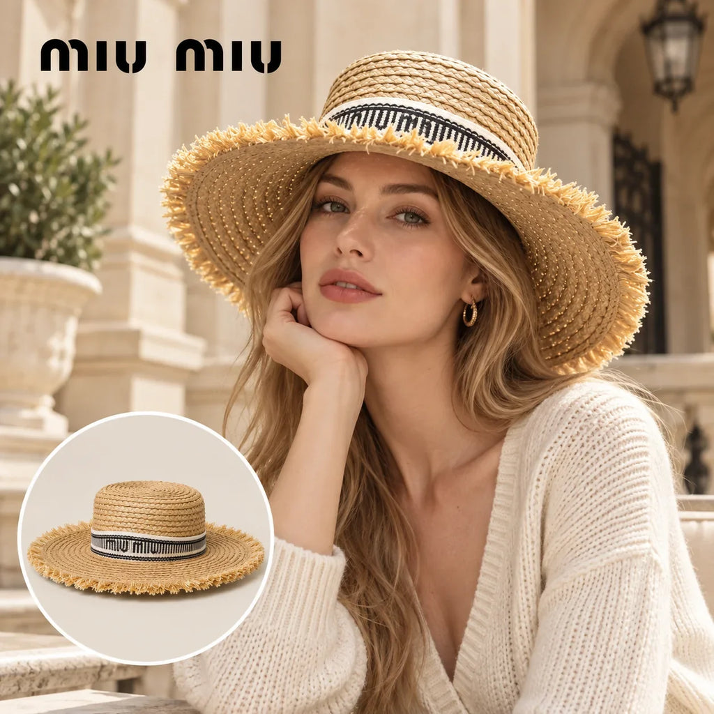 Miu Miu Miu Miu Woven Open Knit Hat worn by a Western model with product detail inset