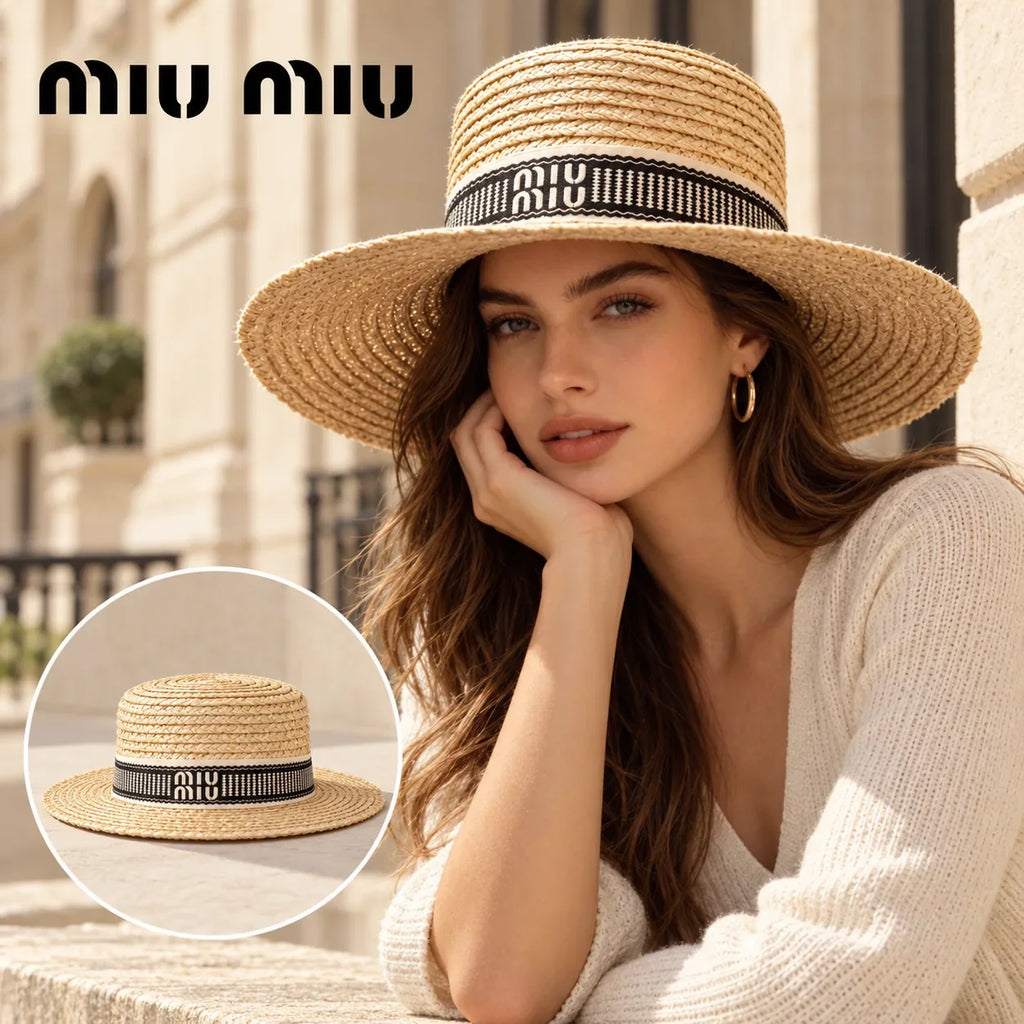 Miu Miu Miu Miu Woven Open Knit Hat worn by a Western model with product detail inset