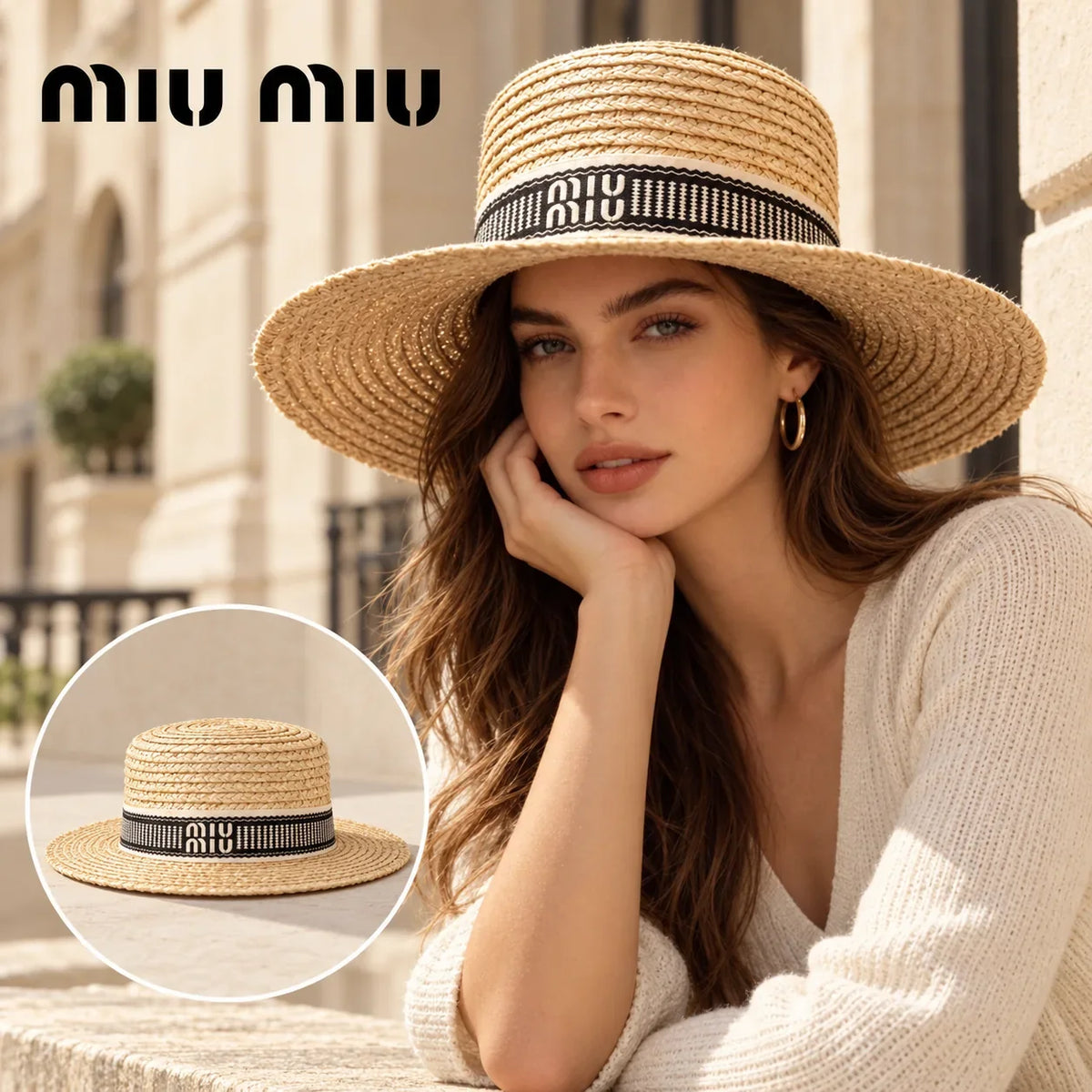 Miu Miu Miu Miu Woven Open Knit Hat worn by a Western model with product detail inset